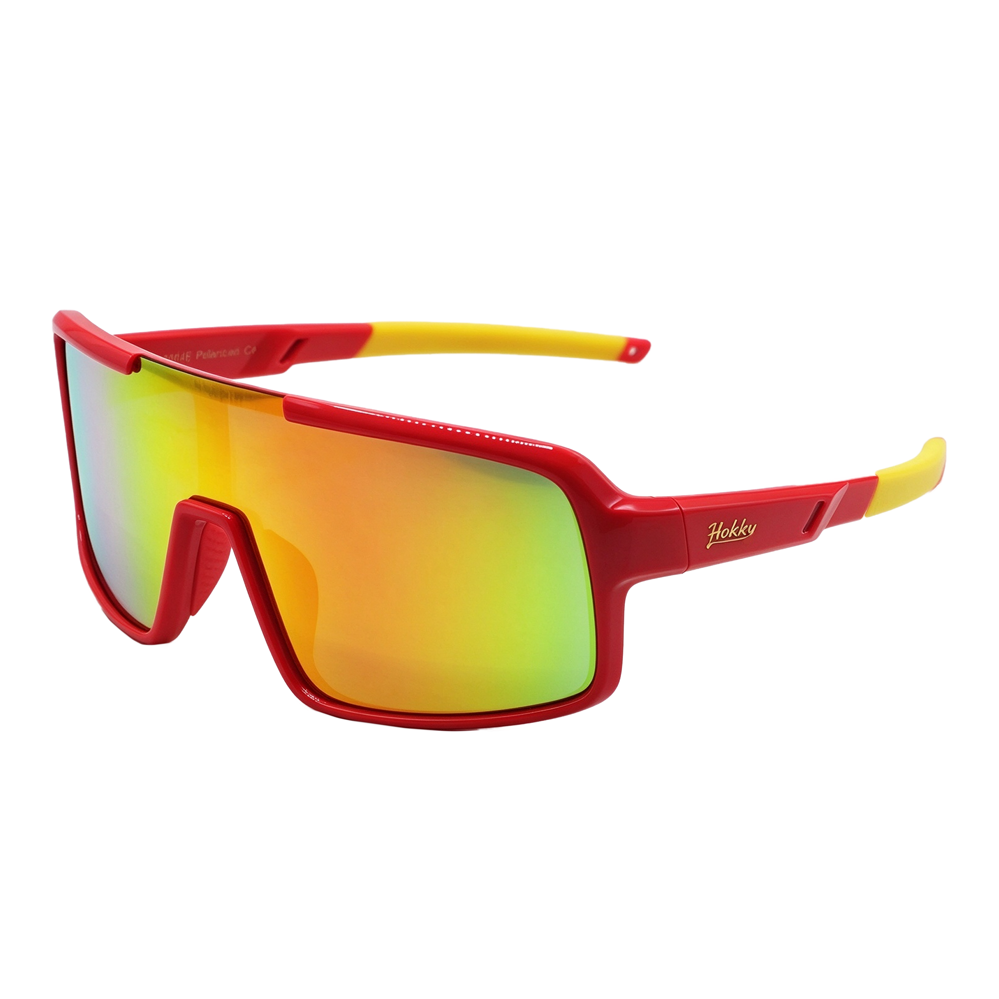 Red and yellow ultra-flexible sunglasses with reflective lenses.