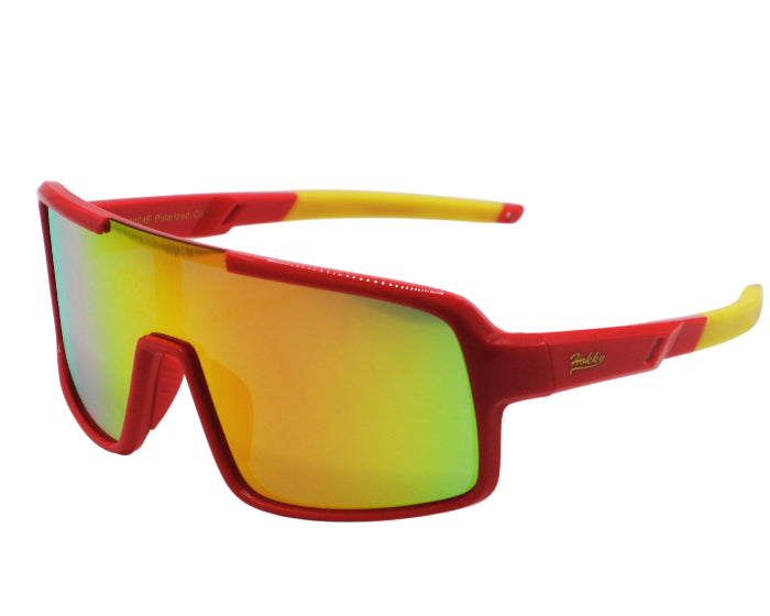 Red and yellow ultra-flexible sunglasses with reflective lenses.