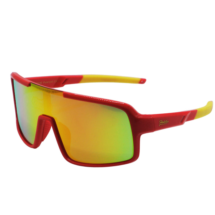 Red and yellow sunglasses with reflective lenses on a white background