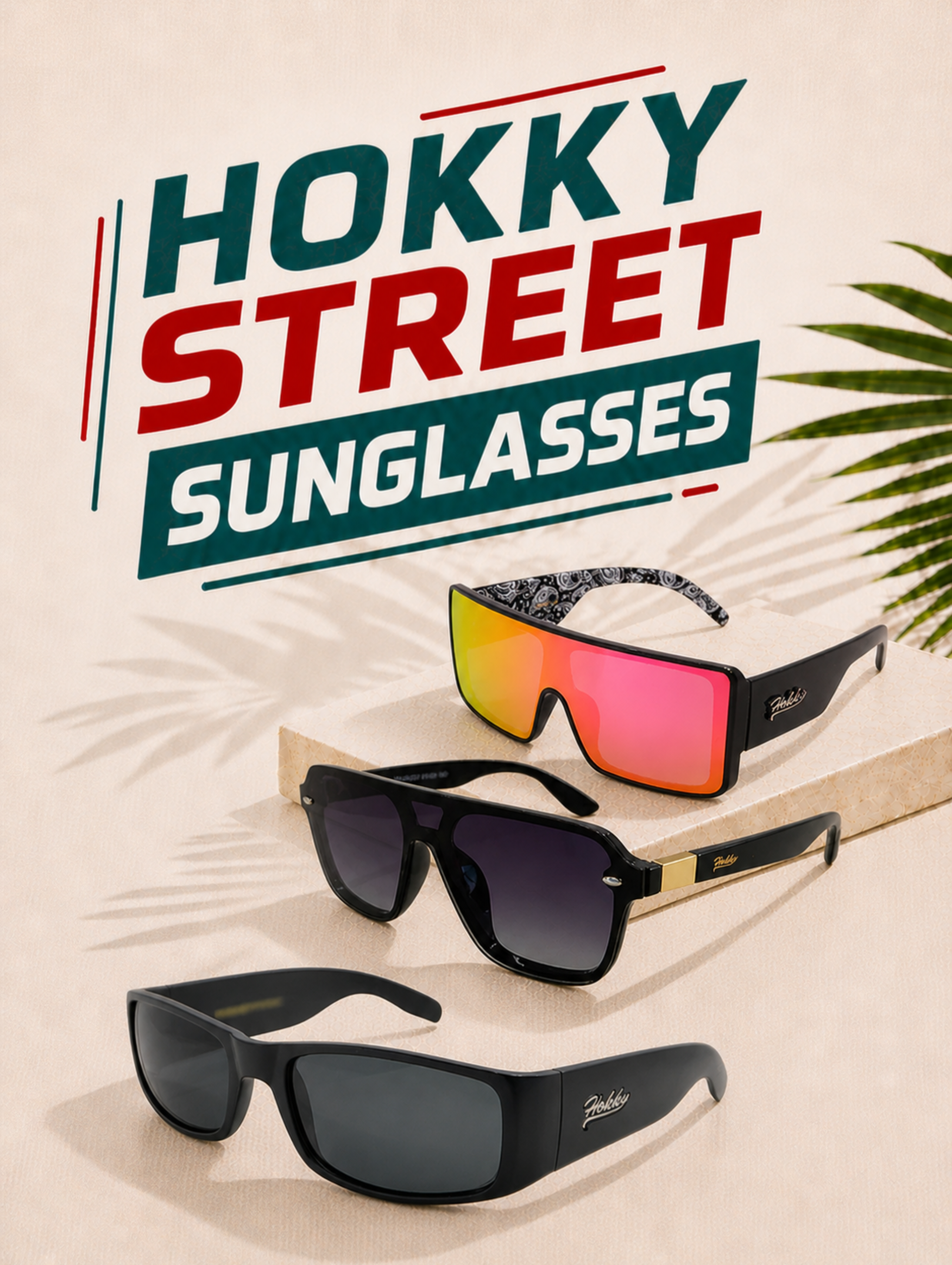 Sunglasses with 'Hokky Street' branding on a light background