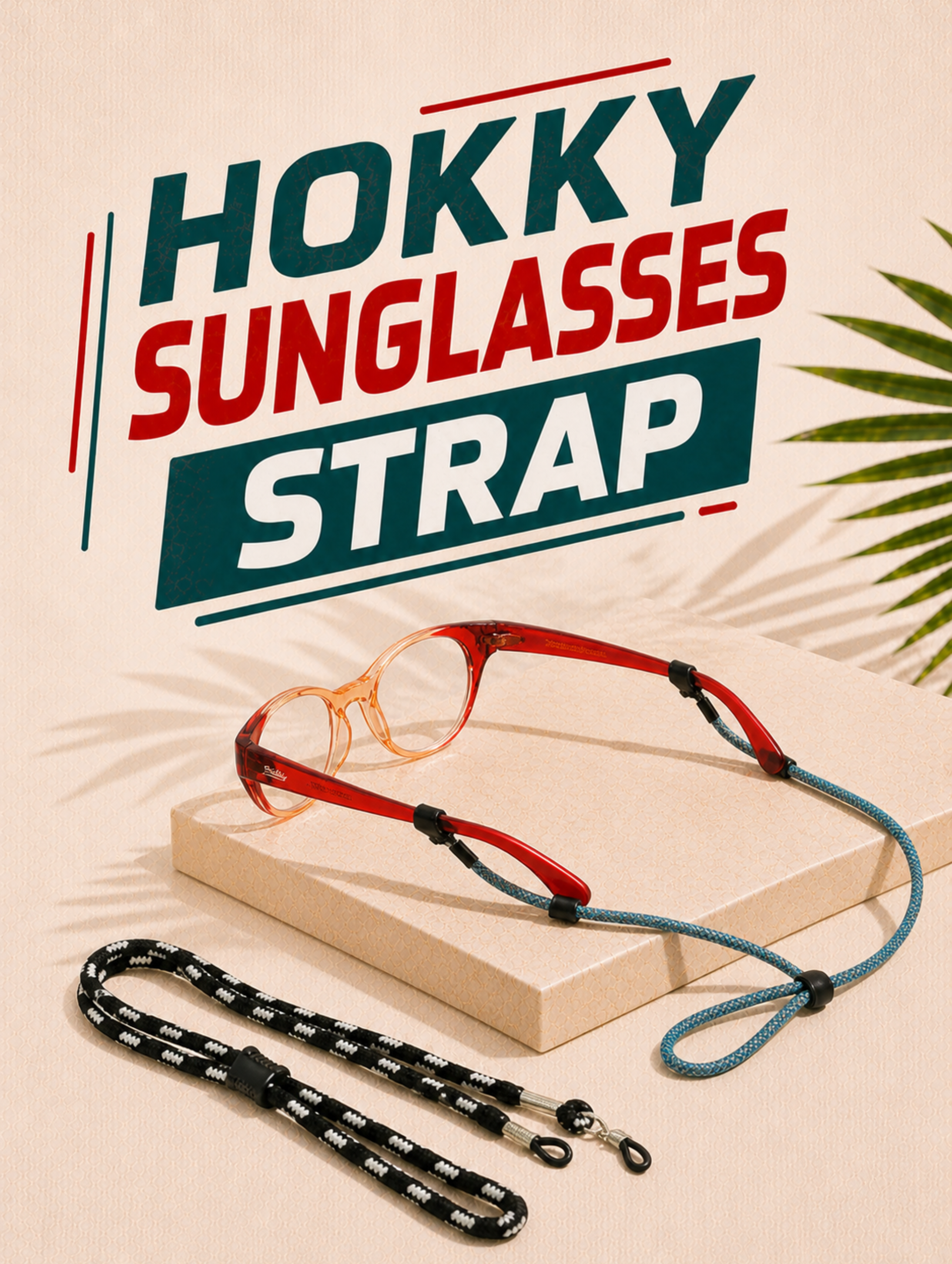 Hokky sunglasses strap with glasses on a beige background