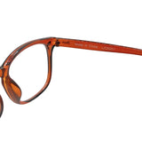 Brown eyeglasses with 'Made in China' label on a white background