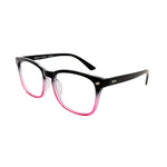 Black and pink eyeglasses on a white background