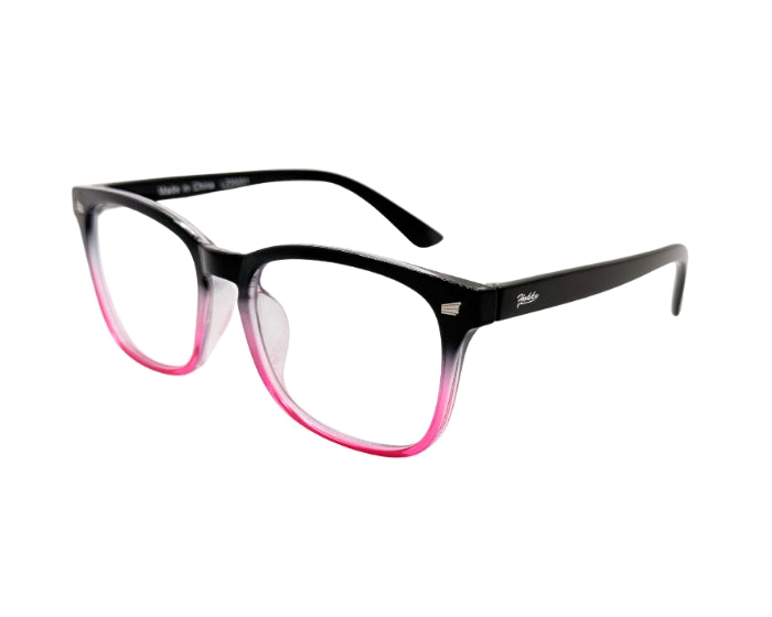 Black and pink eyeglasses on a white background
