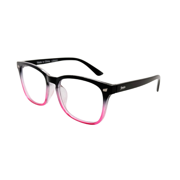 Black and pink eyeglasses on a white background