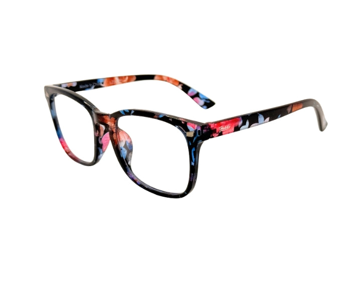 Multicolored eyeglasses on a white background