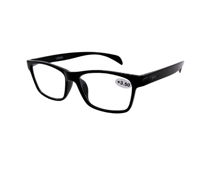 Black eyeglasses with a +3.50 label on a white background