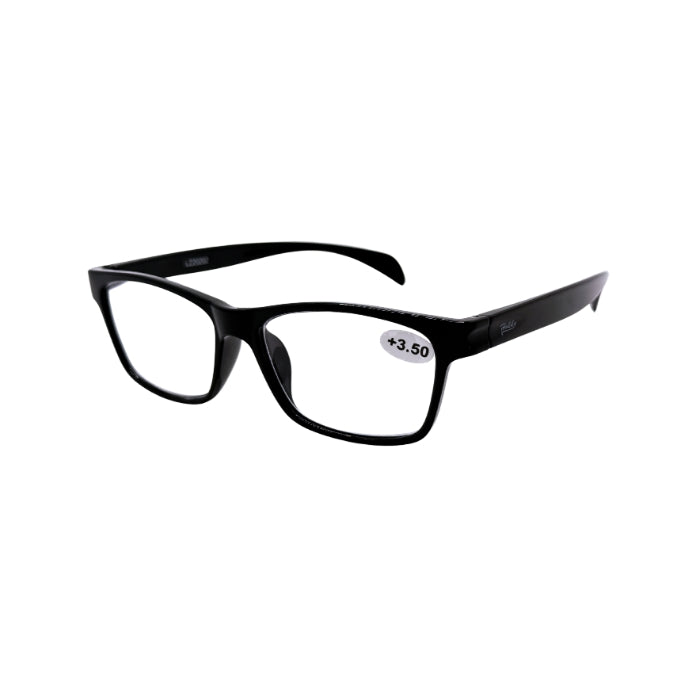 Black eyeglasses with a +3.50 label on a white background