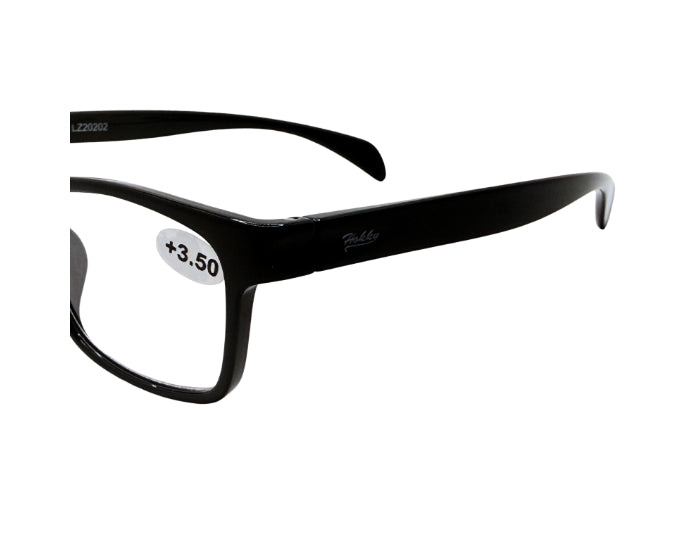 Black eyeglasses with +3.50 prescription on a white background