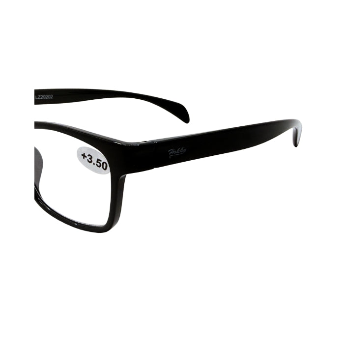 Black eyeglasses with +3.50 prescription on a white background