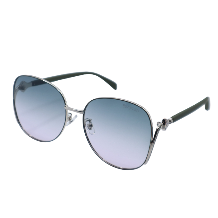 Sunglasses with blue gradient lenses and silver frame on a white background