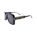 Black square-frame sunglasses with dark lenses and gold side lines