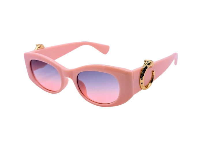 Pink sunglasses with a gold chain on a white background