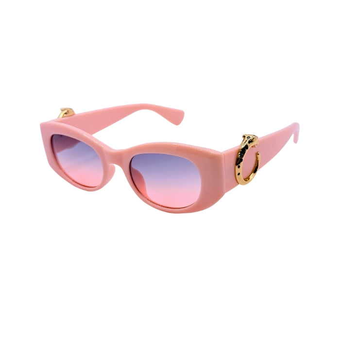Pink sunglasses with a gold chain on a white background