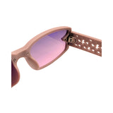 Pink sunglasses with a reflective lens on a white background
