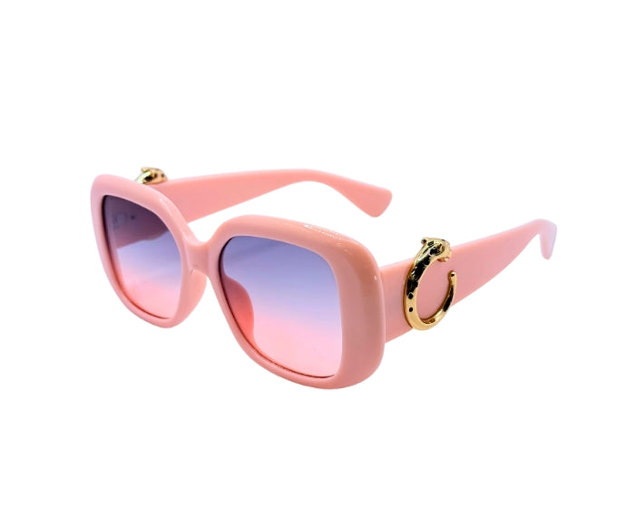 Pink sunglasses with gold accents on a white background