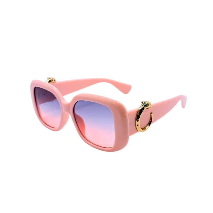 Pink sunglasses with gold accents on a white background