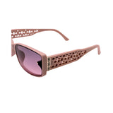 Pink sunglasses with intricate frame design on a white background