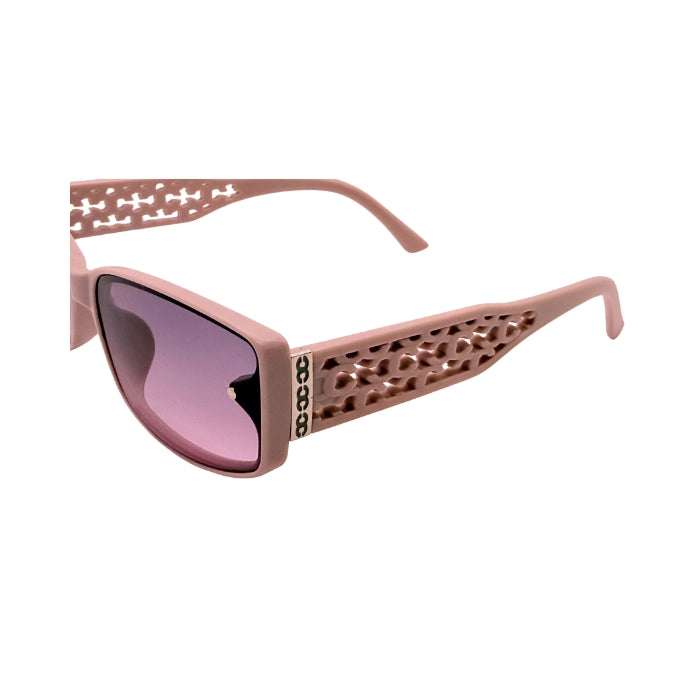 Pink sunglasses with intricate frame design on a white background