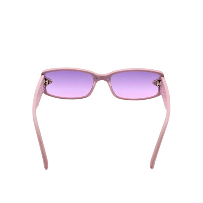 Pink sunglasses with purple lenses on a white background