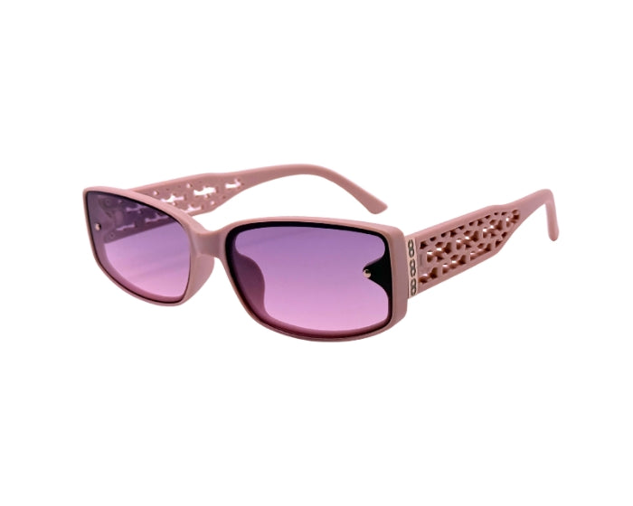 Pink sunglasses with purple lenses on a white background