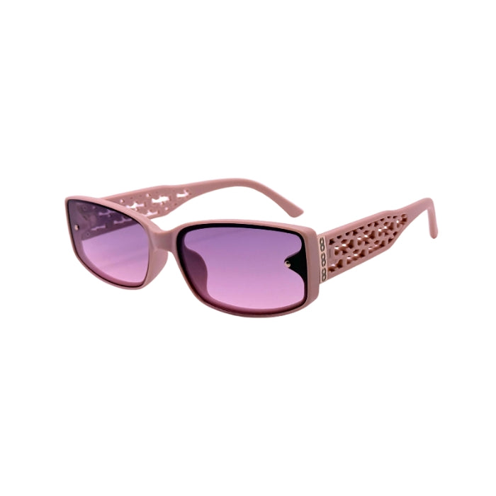 Pink sunglasses with purple lenses on a white background