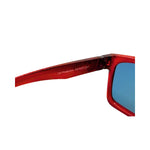 Red-framed sunglasses with blue lenses on a white background
