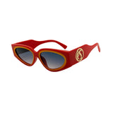 Red sunglasses with a gold logo on a white background