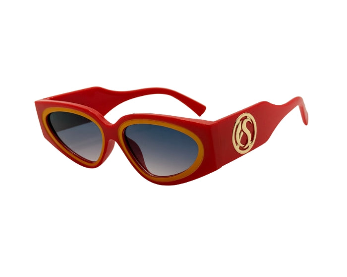 Red sunglasses with a gold logo on a white background