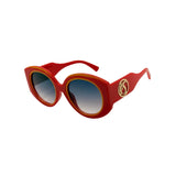 Red sunglasses with a logo on a white background