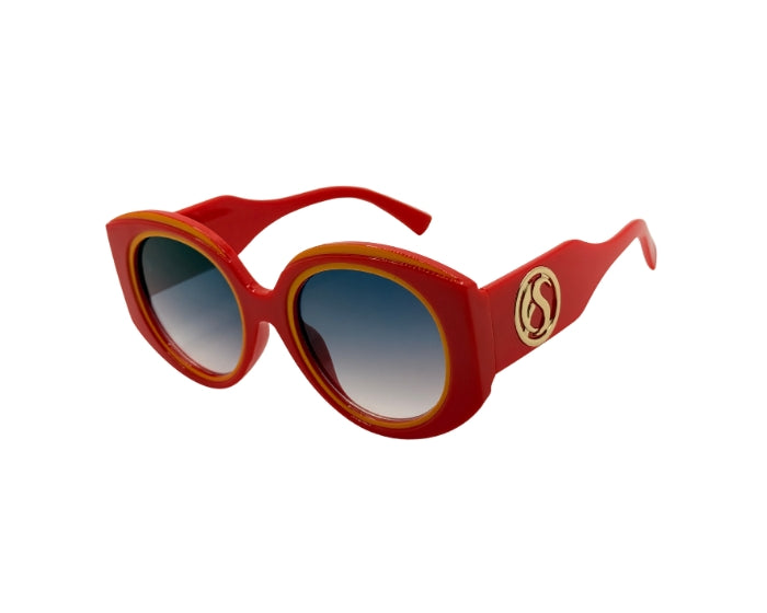 Red sunglasses with a logo on a white background