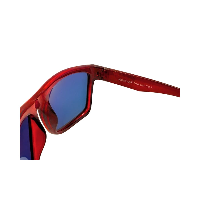 Red sunglasses with blue lenses on a white background