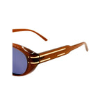 Sunglasses with a brown frame and blue lenses on a white background