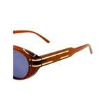 Sunglasses with a brown frame and blue lenses on a white background