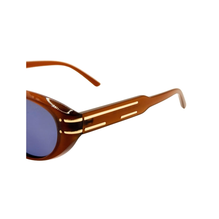 Sunglasses with a brown frame and blue lenses on a white background
