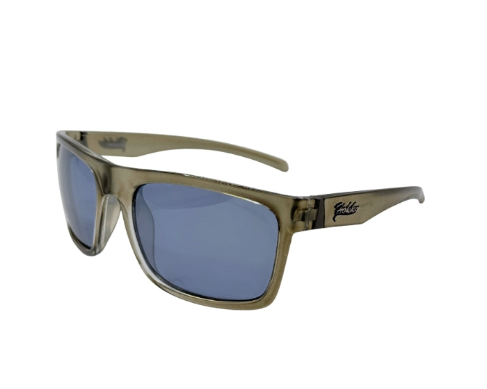 Sunglasses with a camouflage frame and blue lenses on a white background
