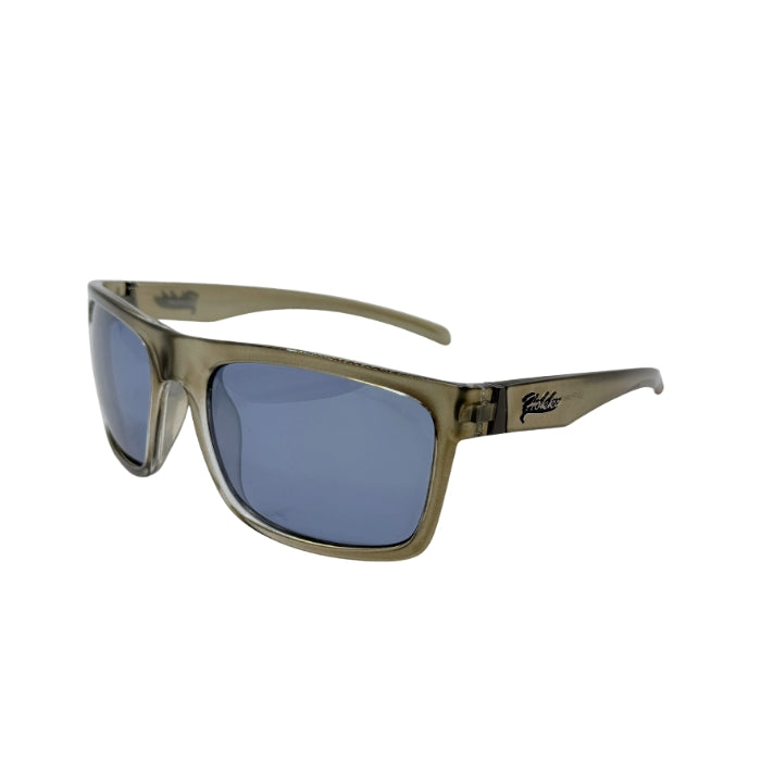 Sunglasses with a camouflage frame and blue lenses on a white background