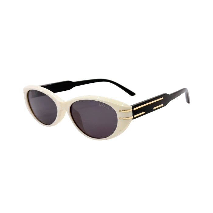 Sunglasses with a cream frame and black lenses on a white background