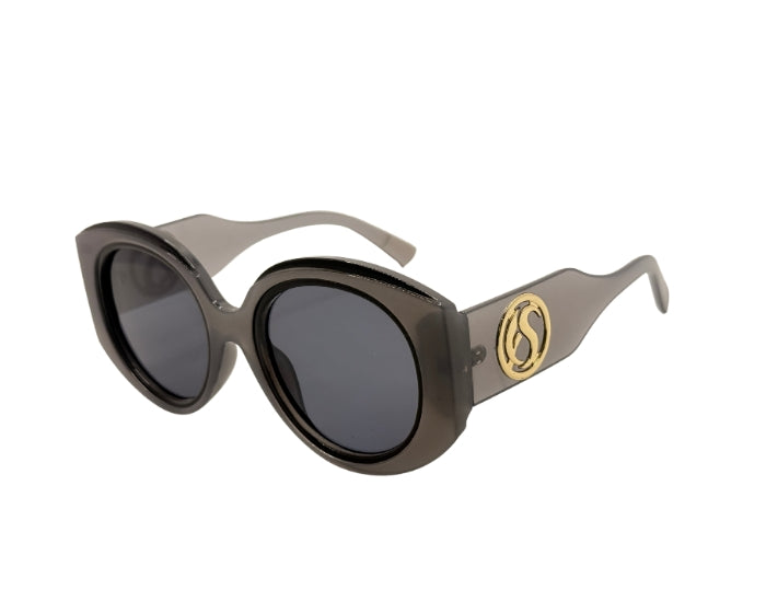 Sunglasses with a gold logo on a white background