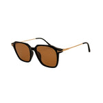 Sunglasses with black frame and brown lenses on a white background