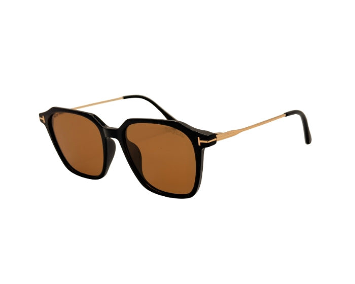 Sunglasses with black frame and brown lenses on a white background