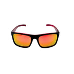 Sunglasses with black frame and red-orange lenses on a white background