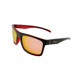 Sunglasses with black frame and red sides on a white background