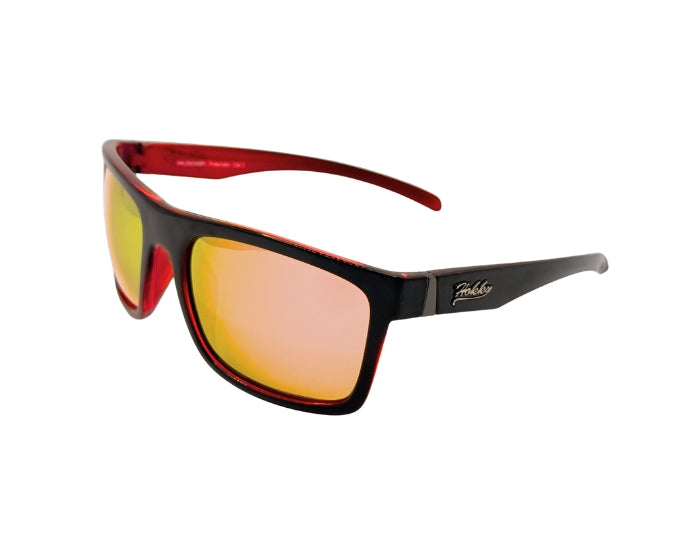 Sunglasses with black frame and red sides on a white background