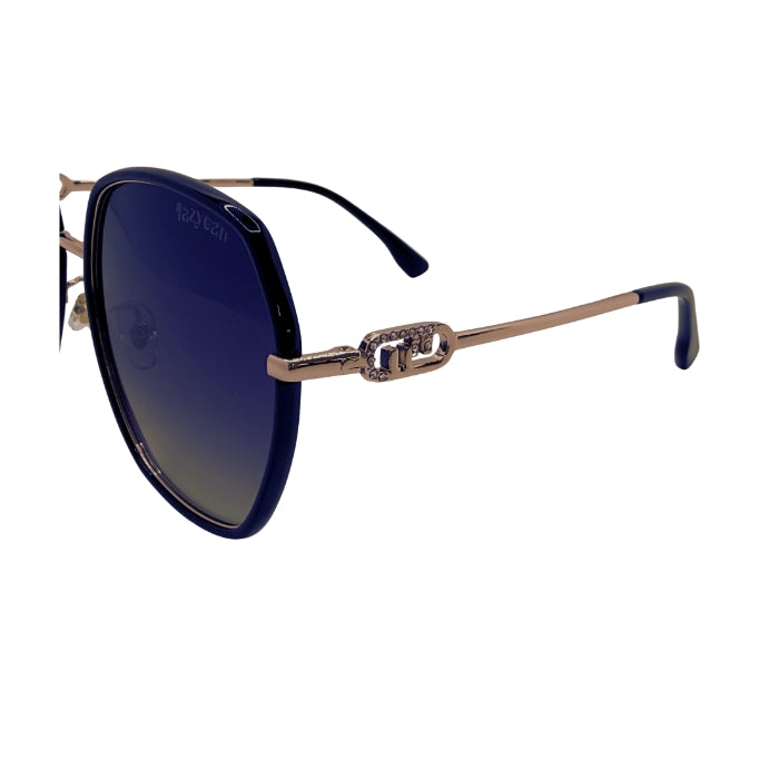 Sunglasses with blue gradient lenses and gold frame on a white background