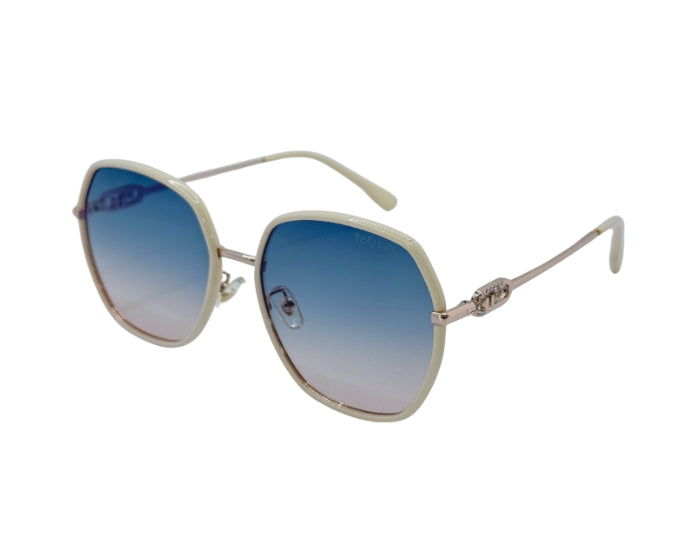 Sunglasses with blue gradient lenses and beige frame on a white background