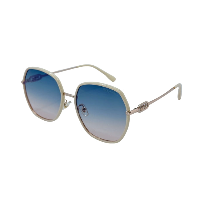 Sunglasses with blue gradient lenses and beige frame on a white background