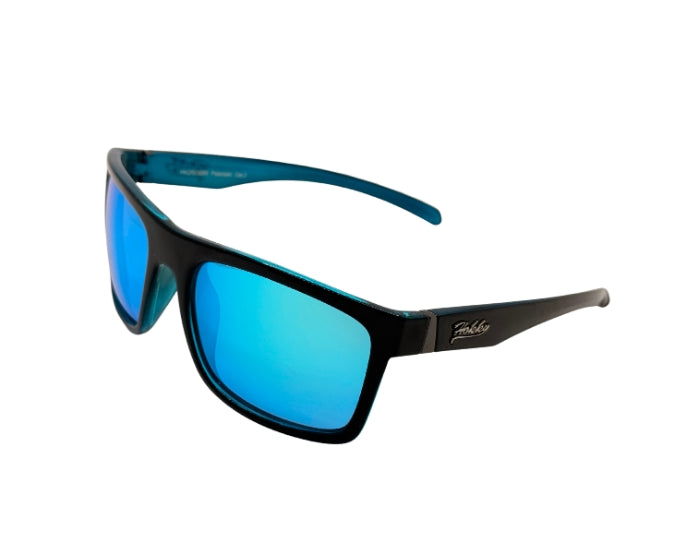 Sunglasses with blue lenses and black frame on a white background