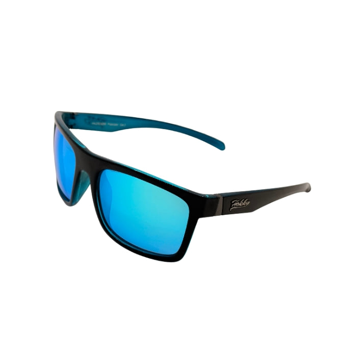 Sunglasses with blue lenses and black frame on a white background