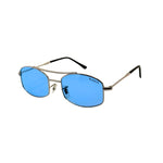 Sunglasses with blue lenses and thin metal frame on a white background
